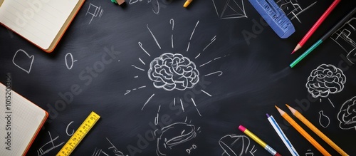 Chalkboard with Brain and School Supplies photo