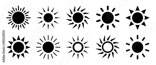 Sun icon collection. Sun icons. Sun vector icon set in black color isolated. Solar summer icon isolated on white background. Flat design. Vector illustration.