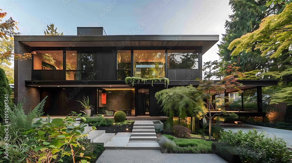 A modern home with a sleek design, black cladding, large panoramic windows, and a minimalist garden with low-maintenance plants A modern home with a sleek design, black cladding, large panoramic windows, and a minimalist garden with low-maintenance plants
