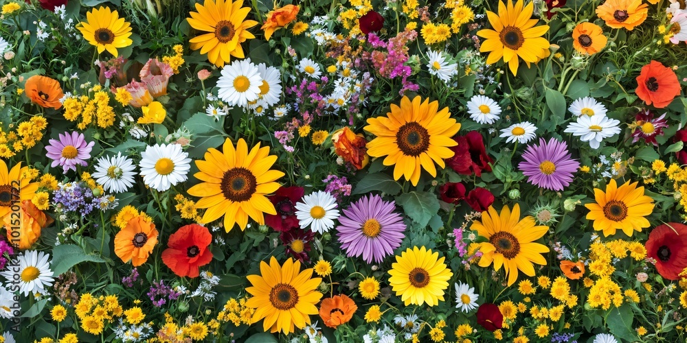 Close-up view of a colorful flower arrangement with sunflowers, daisies, poppies, and other wildflowers. Close-up view of a colorful flower arrangement with sunflowers, daisies, poppies, and other wildflowers.