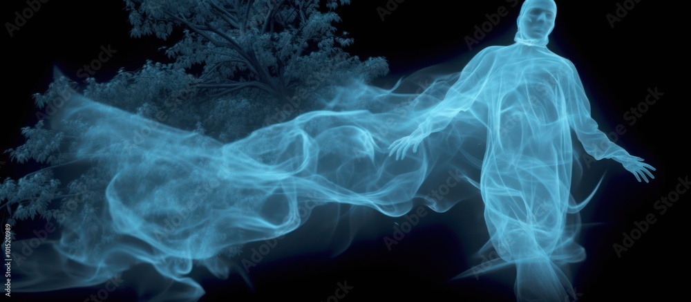 Fototapeta premium A translucent figure with a flowing blue mist emerges from behind a tree.