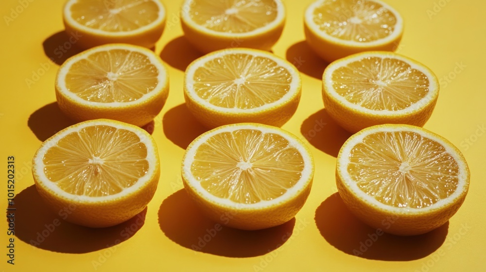 Nine lemon halves arranged in rows on a yellow background. Nine lemon halves arranged in rows on a yellow background.