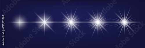 Set of shiny light stars rays for decoration on blue background, shine, glare for photo, video 