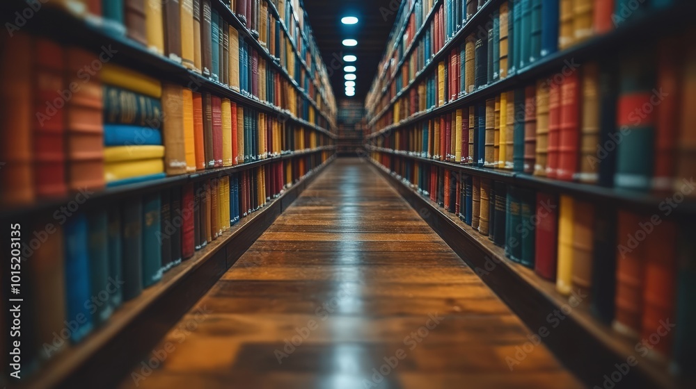 Empty library with bookshelves and books, blurred bokeh effect Empty library with bookshelves and books, blurred bokeh effect