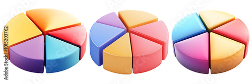 Set Colorful 3D Pie Chart with Five Sections. Illustration.on transparent, white background, isolate PNG