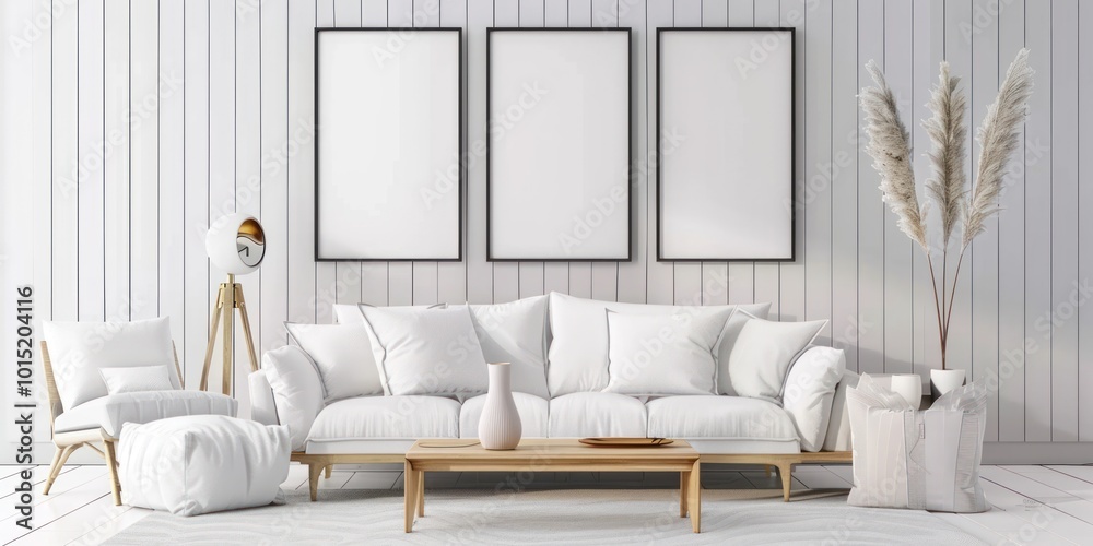 Modern living room interior with white sofa, three empty frames on the wall, and decorative pampas grass. Concept for home decoration and Scandinavian style. Modern living room interior with white sofa, three empty frames on the wall, and decorative pampas grass. Concept for home decoration and Scandinavian style.