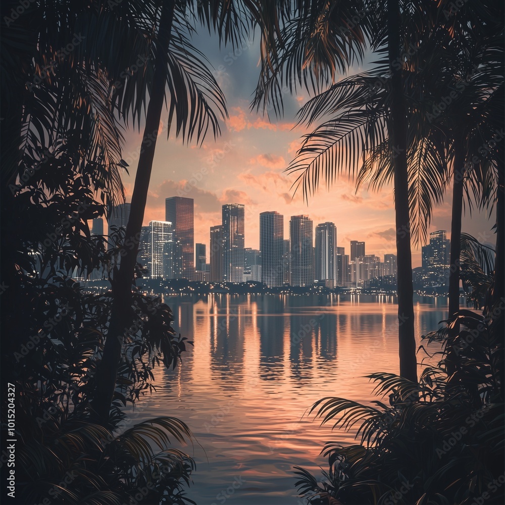 Obraz premium Miami florida skyline and bay at sunset seen through palm trees.