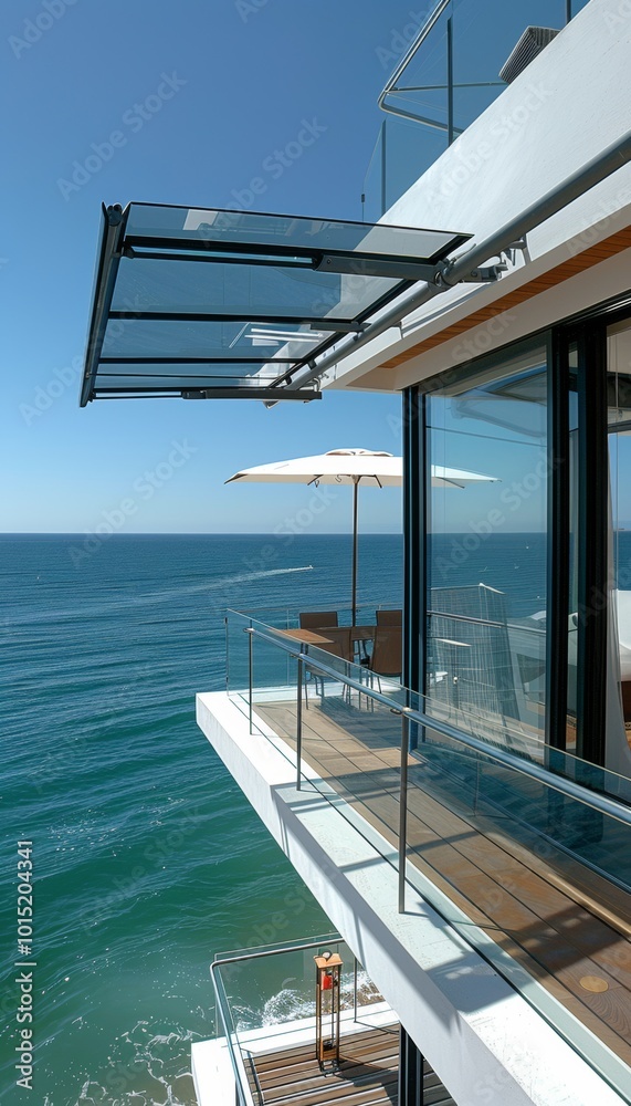 Fototapeta premium Modern balcony overlooking the ocean with glass railings and a retractable awning.