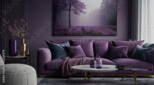 Purple: Evoking mystery and intrigue color Scandinavian-style living room design.  