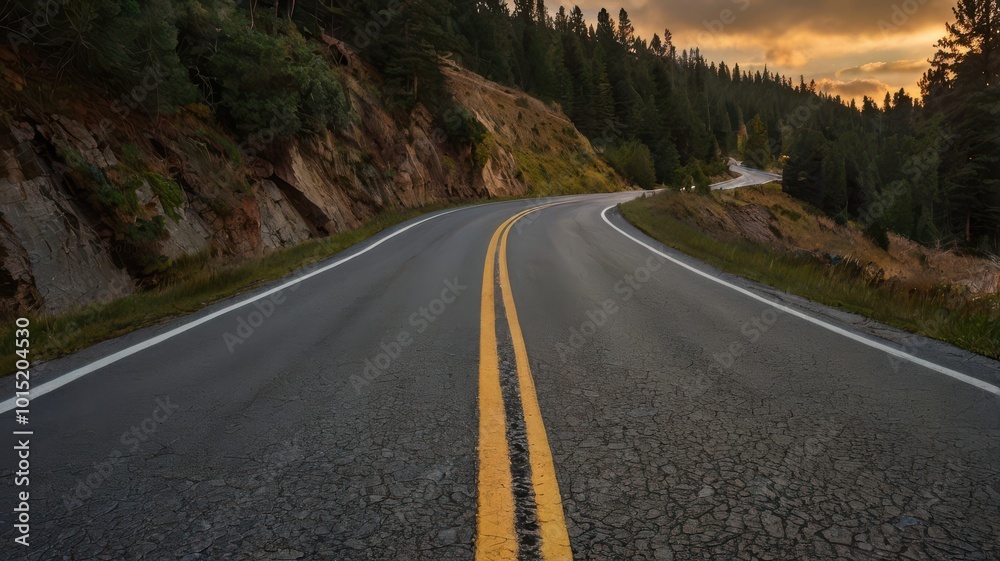 Fototapeta premium Road, Forest, Clouds, Sky, Highway, Road Markings, Asphalt, Road Sign