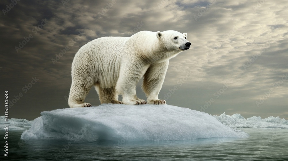 A polar bear is positioned on a large iceberg, gazing into the distance under a dramatic sky during sunset, highlighting the stark beauty of the Arctic landscape A polar bear is positioned on a large iceberg, gazing into the distance under a dramatic sky during sunset, highlighting the stark beauty of the Arctic landscape