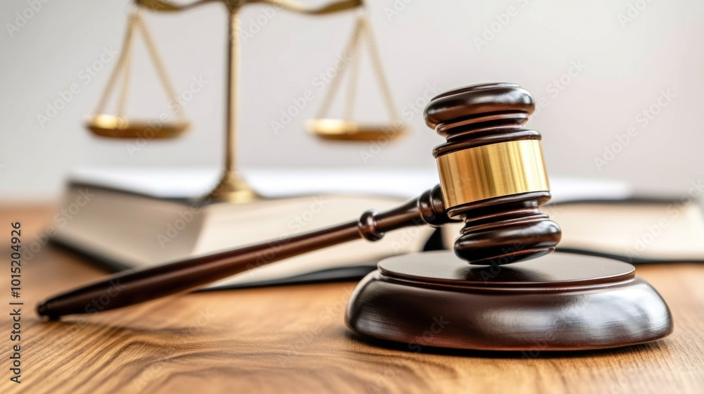 The gavel lies prominently on a wooden surface, symbolizing justice. Behind it, legal books are visible alongside the scales of justice, representing law and order in a legal setting The gavel lies prominently on a wooden surface, symbolizing justice. Behind it, legal books are visible alongside the scales of justice, representing law and order in a legal setting