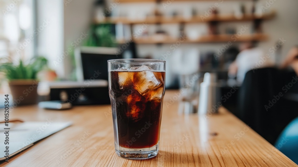 A tall glass filled with iced coffee sits on a wooden table in a cozy cafe, surrounded by greenery and shelves filled with books and decor in a relaxed atmosphere A tall glass filled with iced coffee sits on a wooden table in a cozy cafe, surrounded by greenery and shelves filled with books and decor in a relaxed atmosphere