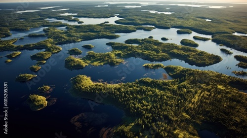 Aerial View of a Forest with Interconnected Lakes