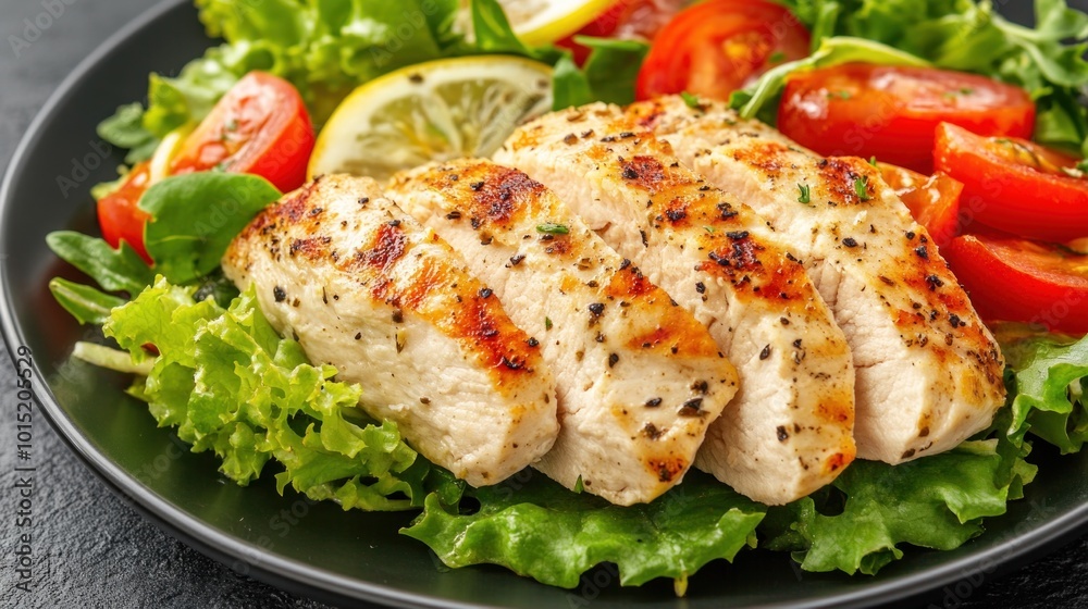 A serving of grilled chicken breast is placed atop a vibrant mix of fresh lettuce and juicy cherry tomatoes, garnished with lemon slices for added flavor A serving of grilled chicken breast is placed atop a vibrant mix of fresh lettuce and juicy cherry tomatoes, garnished with lemon slices for added flavor