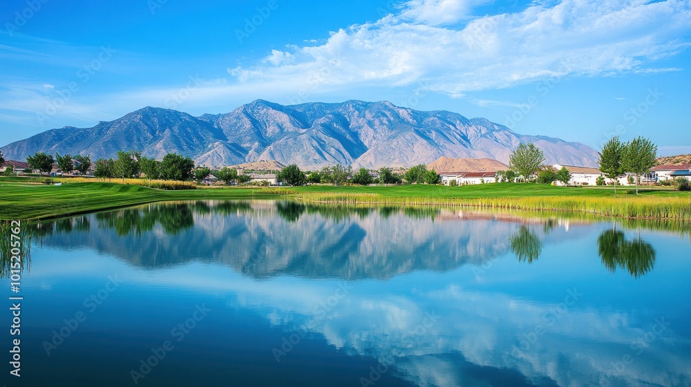 A serene lake reflecting a mountain range under a clear blue sky. A serene lake reflecting a mountain range under a clear blue sky.