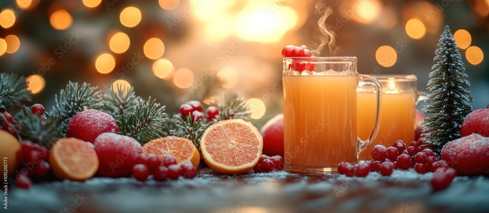 Two mugs of hot beverage with steam and citrus fruit on snowy su Two mugs of hot beverage with steam and citrus fruit on snowy su