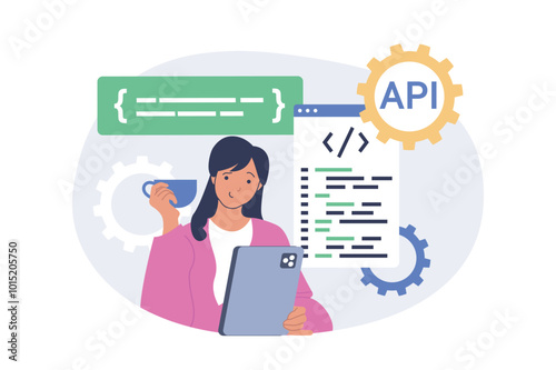 Programming concept in modern flat design for web. Woman working as administrator and managing software creations, making improvements and optimization, controlling operations. Vector illustration.