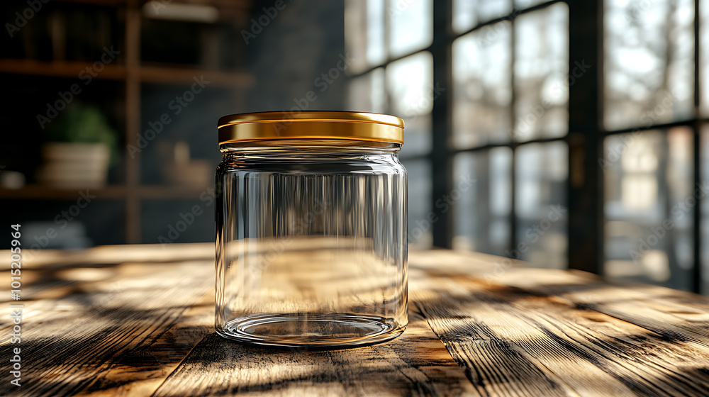 Empty glass jar with a gold lid on a rustic wooden table with a window in the background. Empty glass jar with a gold lid on a rustic wooden table with a window in the background.