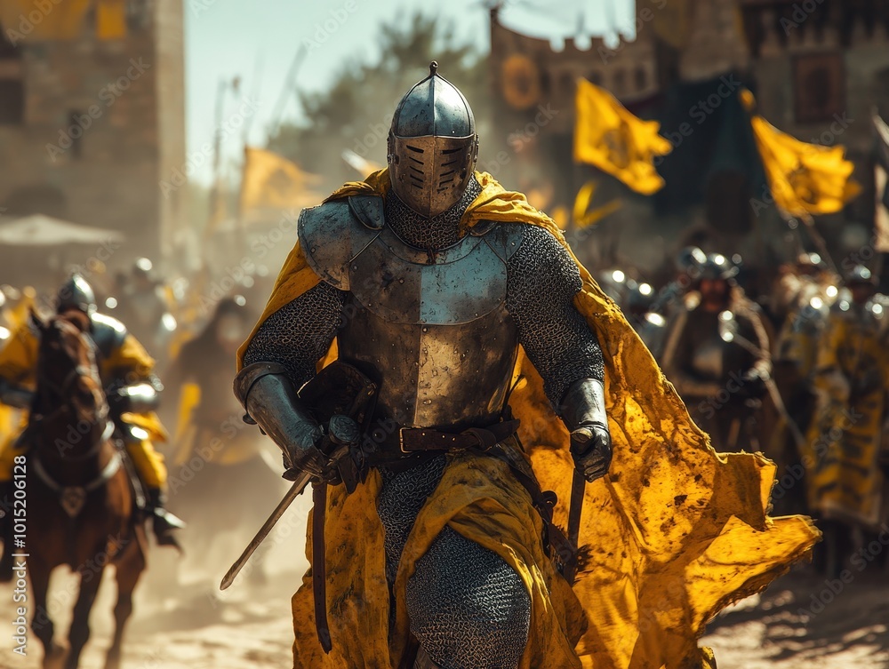 Renaissance Fair Spectacle: Cinematic Product Photography of Historical Jousting Event with Vibrant Costumes and Medieval Music Renaissance Fair Spectacle: Cinematic Product Photography of Historical Jousting Event with Vibrant Costumes and Medieval Music