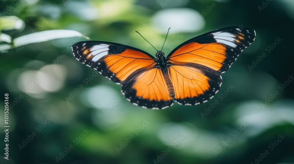 A vibrant orange and black butterfly with white markings is in mid-flight, its wings spread wide against a blurry green background. A vibrant orange and black butterfly with white markings is in mid-flight, its wings spread wide against a blurry green background.