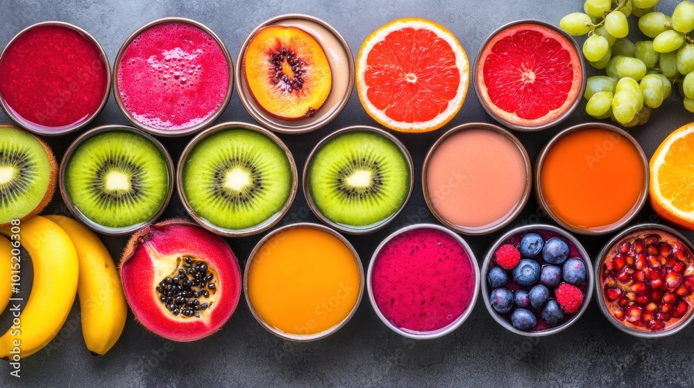 A vibrant collection of fresh fruit juices and smoothies displayed in bowls, showcasing a variety of colors and flavors, accompanied by whole fruits on a wooden surface A vibrant collection of fresh fruit juices and smoothies displayed in bowls, showcasing a variety of colors and flavors, accompanied by whole fruits on a wooden surface