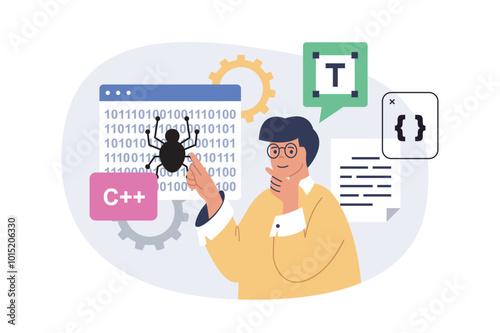 Programming concept in modern flat design for web. Man coding and working at software development, making improvements and optimization, fixing bugs and solving code problems. Vector illustration.