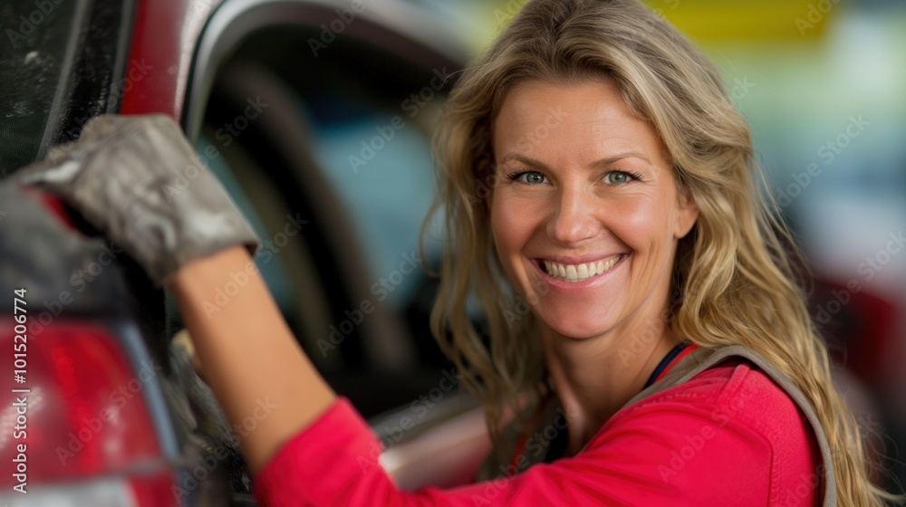 A happy woman is cleaning a car in a workshop, showcasing her enthusiasm and dedication to her work. Sunlight highlights her joyful expression as she engages in her task