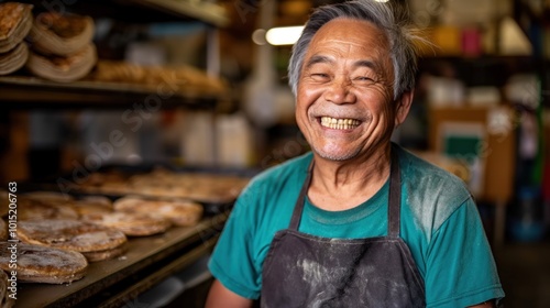 A dedicated baker stands in his lively bakery, beaming with happiness as he prepares delicious pastries. The warm atmosphere showcases baked goods and invites customers photo