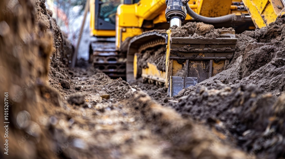 Fototapeta premium Excavator Bucket Digging into a Trench