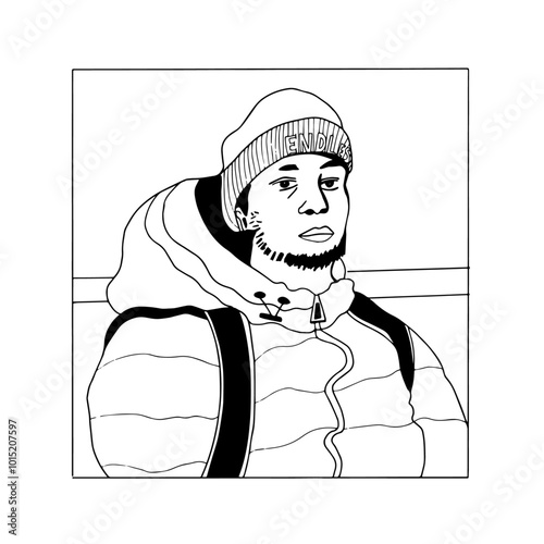 Jeune homme avec le regard triste portant un bonnet, une veste d'hiver à capuchon et un sac à dos