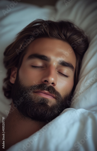 ortrait of a handsome man sleeping in bed, a comfortable sleep concept, on a white background photo