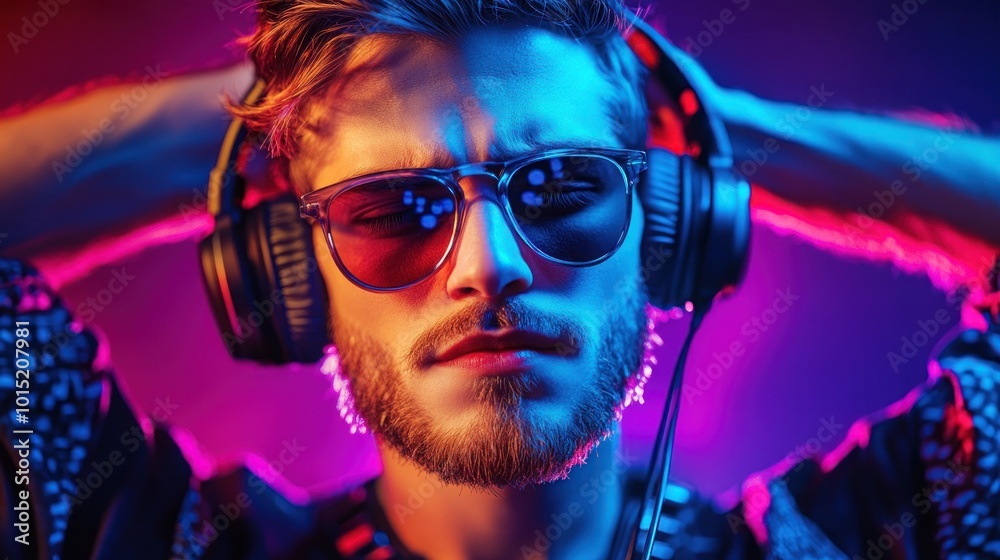 A young man with headphones on and sunglasses, illuminated by blue and pink light, eyes closed, listening to music. A young man with headphones on and sunglasses, illuminated by blue and pink light, eyes closed, listening to music.