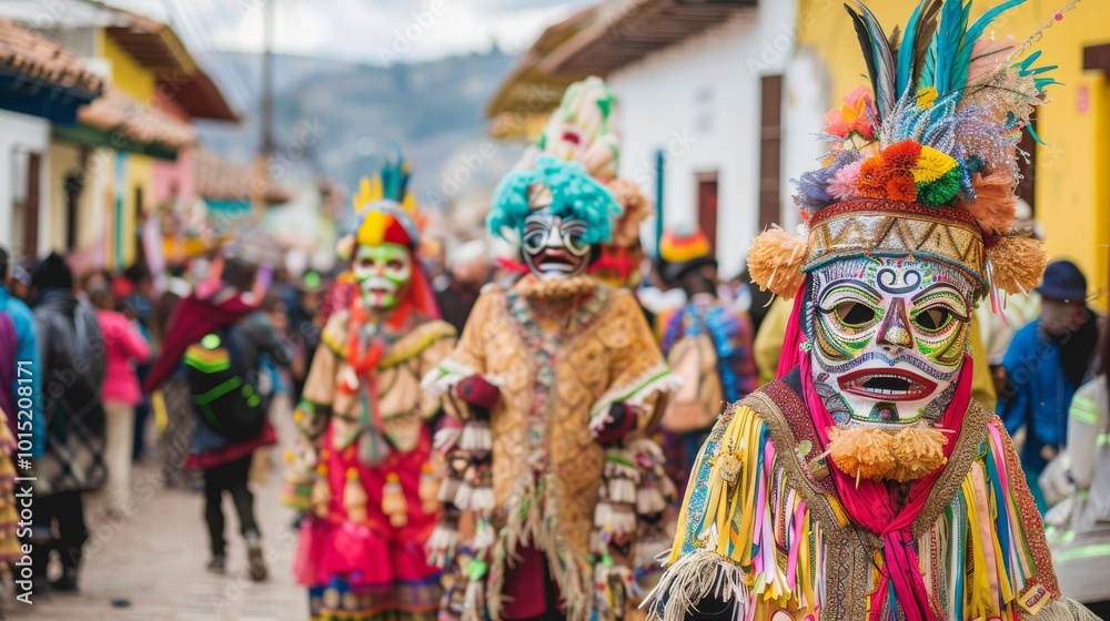 Fototapeta premium Colorful masks and vibrant costumes worn by dancers at a festive parade.