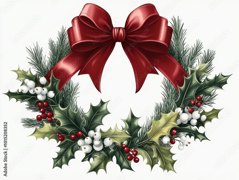 Elegant Christmas wreath with classic red ribbon and festive holly leaves and berries, capturing the spirit of holiday decoration Elegant Christmas wreath with classic red ribbon and festive holly leaves and berries, capturing the spirit of holiday decoration