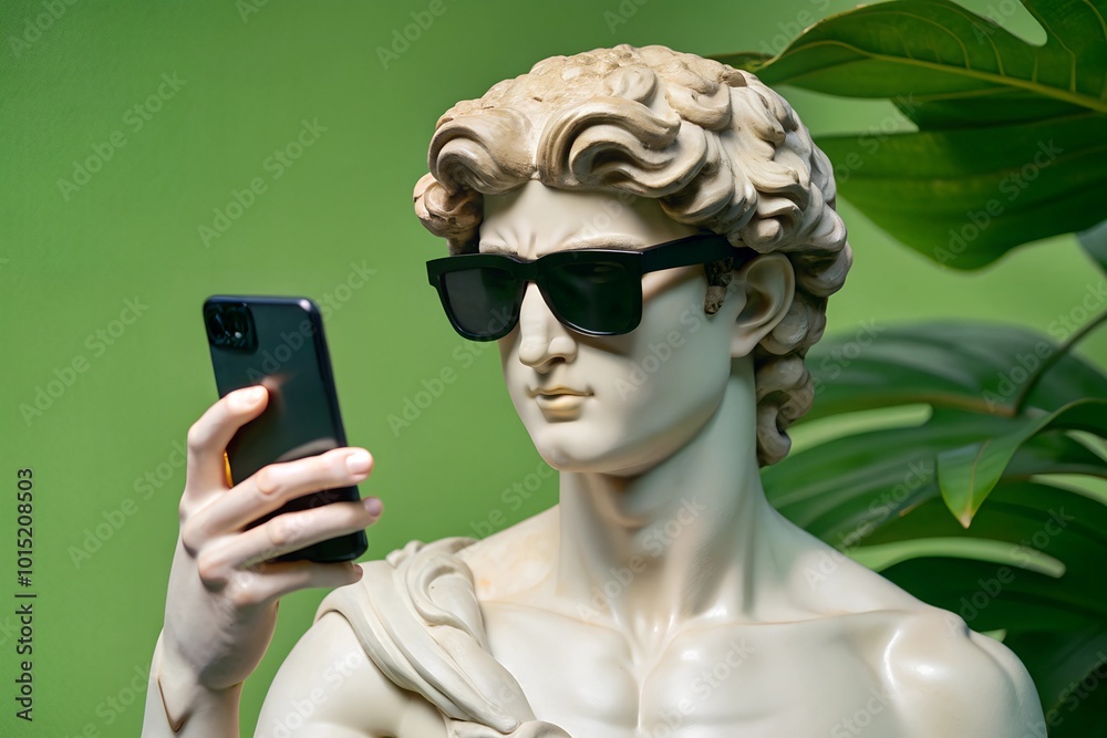 Fototapeta premium A modern twist on classical art. A marble statue wearing sunglasses and holding a smartphone, standing against a vibrant green background with tropical leaves.