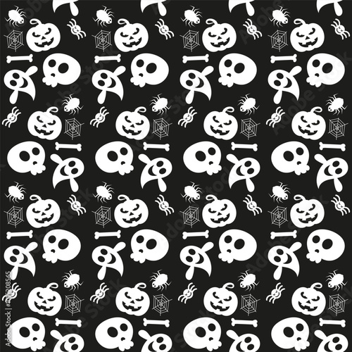 Seamless vector pattern for Halloween design. Halloween symbols: ghost, bat, pumpkin in cartoon style. Vector Illustration