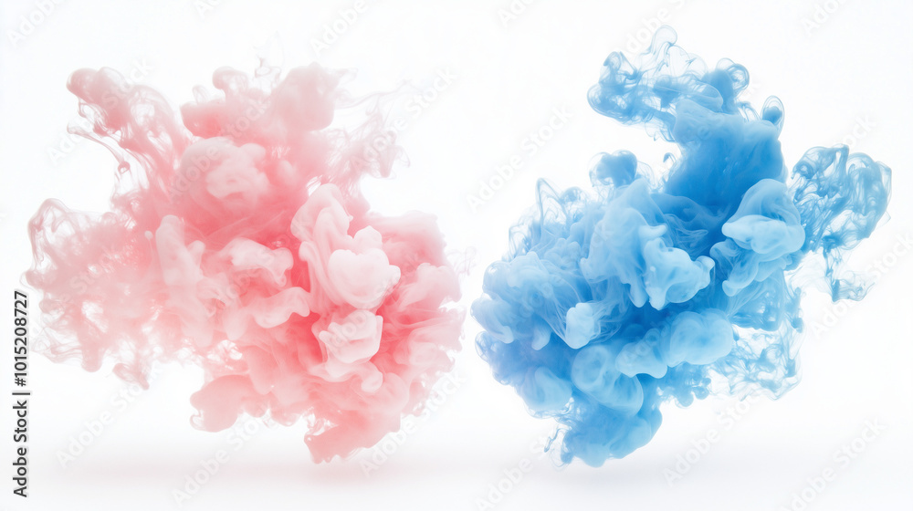 Fototapeta premium Abstract Background, texture for design. Delicate airy pastel pink and light blue colors on a plain white background, isolated ink in water on a white background.