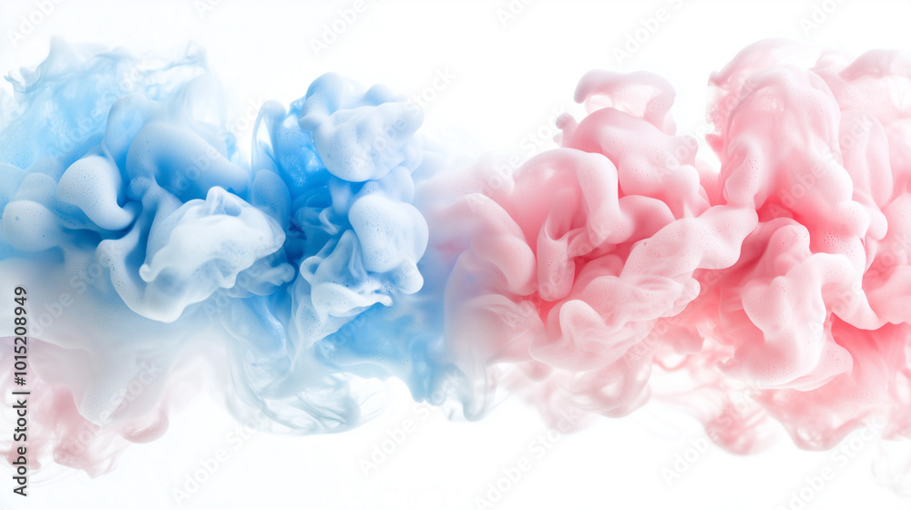 Fototapeta premium Abstract Background, texture for design. Delicate airy pastel pink and light blue colors on a plain white background, isolated ink in water on a white background.