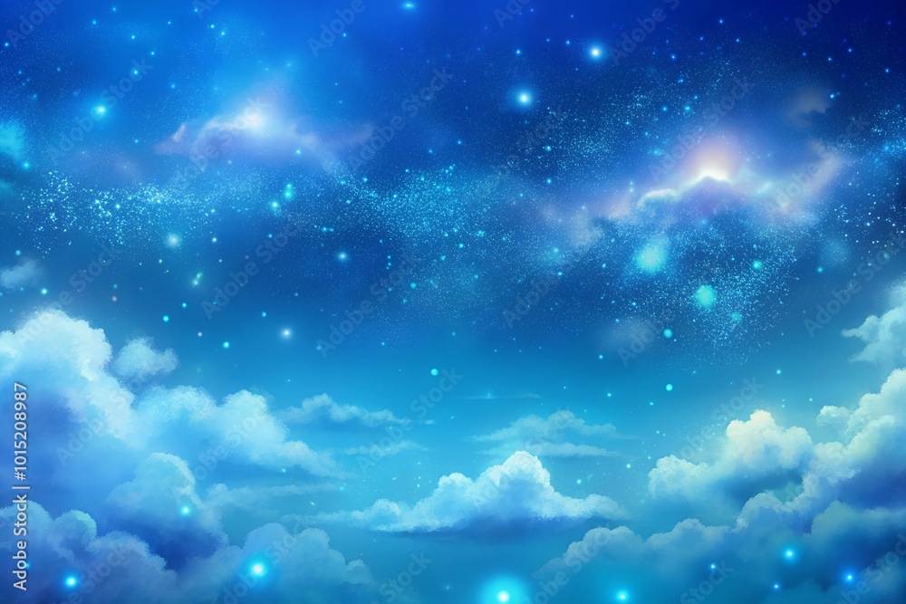 A dreamy sky background filled with fluffy clouds and scattered stars, set against a soft blue gradient sky with sparkling light effects. A dreamy sky background filled with fluffy clouds and scattered stars, set against a soft blue gradient sky with sparkling light effects.