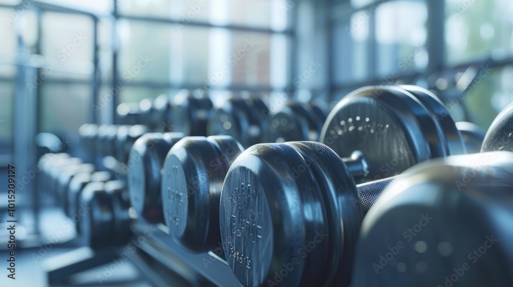 Fototapeta premium Rows of Black Dumbbells in a Gym