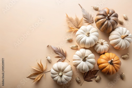 Minimalistic autumn display with beige and brown pumpkins, dry leaves, and acorns on a light background. Ample copy space for seasonal greetings, fall designs, or Thanksgiving invitations.