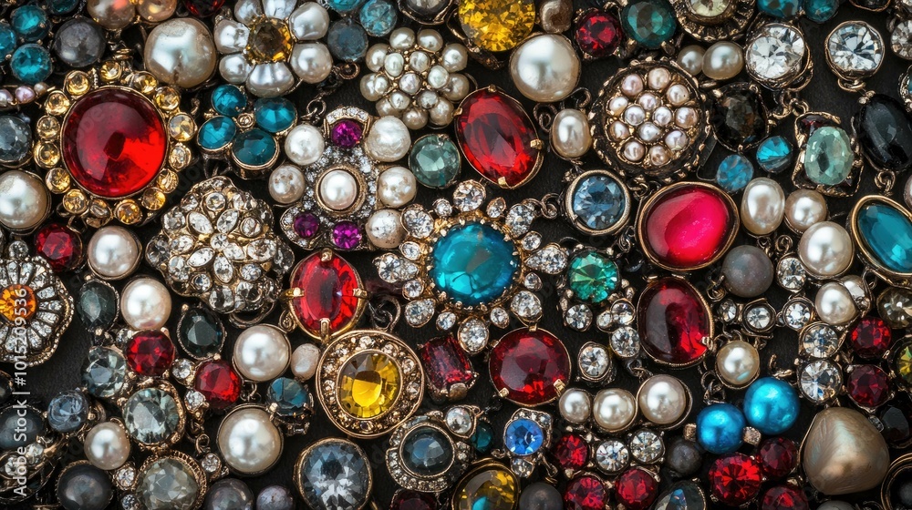 A close-up shot of various colorful jewels and pearls.