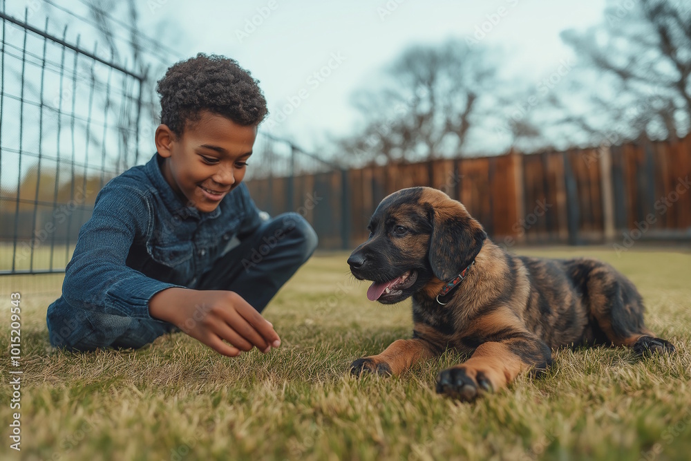Happy boy playing with a puppy in the grass, laughing and enjoying time together in an outdoor setting. Concept of childhood joy, companionship, and pet care Happy boy playing with a puppy in the grass, laughing and enjoying time together in an outdoor setting. Concept of childhood joy, companionship, and pet care