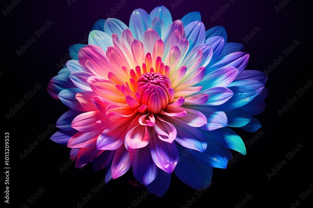 Fototapeta premium A vibrant, multicolored flower with delicate petals against a dark background, showcasing an array of vivid hues and intricate details.