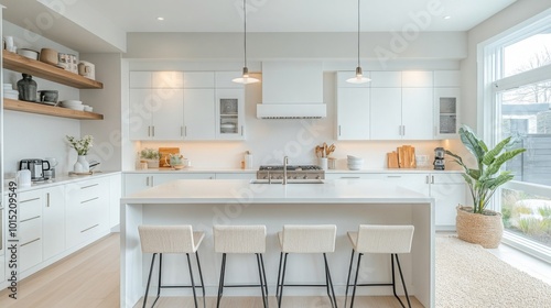 A modern kitchen with white cabinets, a large island, and a window looking out into a backyard. The kitchen features pendant lights and a plant in a woven basket.