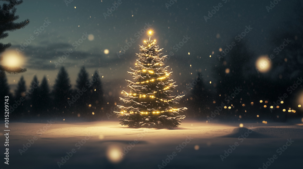 Magical Winter Landscape with Illuminated Christmas Tree Sparking in Snowy Forest Night Festive Atmosphere Concept Magical Winter Landscape with Illuminated Christmas Tree Sparking in Snowy Forest Night Festive Atmosphere Concept