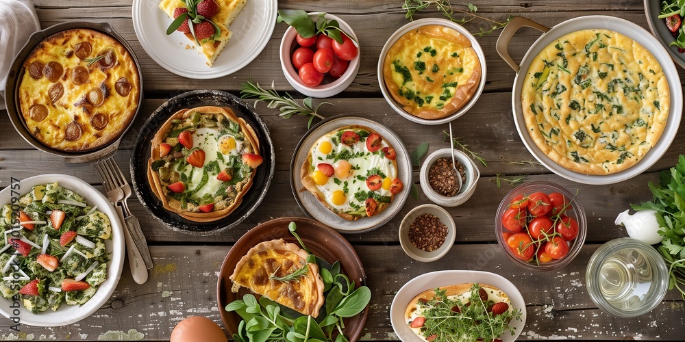 Variety of egg dishes, quiches, and fresh salads arranged on a rustic wooden brunch table Variety of egg dishes, quiches, and fresh salads arranged on a rustic wooden brunch table