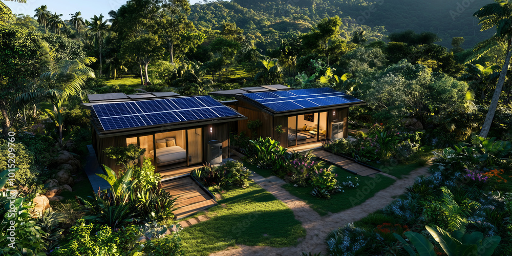 Two modern cabins with solar panels nestled in a lush tropical jungle. Two modern cabins with solar panels nestled in a lush tropical jungle.