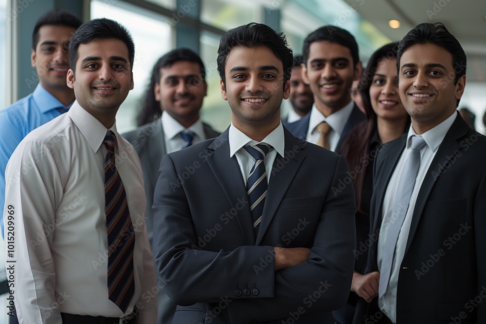 Group of six corporate professionals standing in semi-circle formation in beige room. Formal attire, suits, tie. Sense of camaraderie, shared purpose, conversation. Business leaders, entrepreneurs, Group of six corporate professionals standing in semi-circle formation in beige room. Formal attire, suits, tie. Sense of camaraderie, shared purpose, conversation. Business leaders, entrepreneurs,